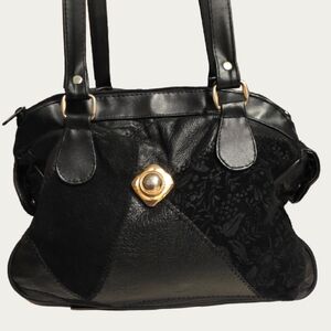 Vintage Black Leather and Suede Floral Patchwork Shoulder Bag